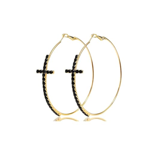 Large Cross Hoop Earrings for Women Sparkly Rhinestone Statement Jewelry for Prom Wedding Party Night Out Accessories Shiny Silver Tone Fashion Dangle Earings - color: Black