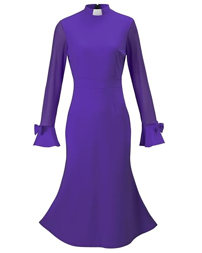 Trumpet Long Sleeve Mesh Church Dress Clergy Tab Insert Collar Priestess Dress - color: Purple, size: Small