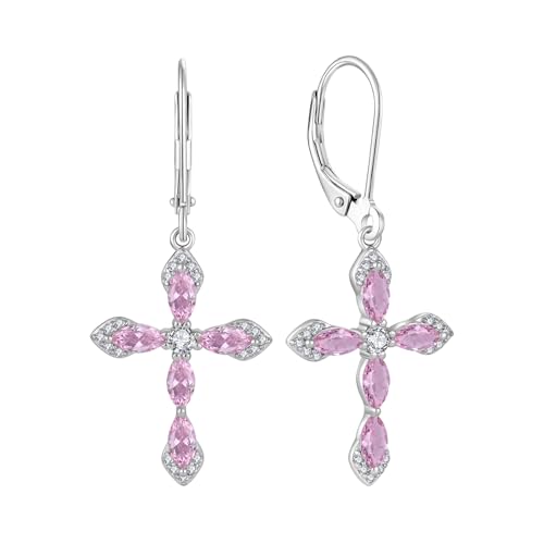 Birthstone Cross Earrings for Women 925 Sterling Silver - color: 10 October - Pink Tourmaline