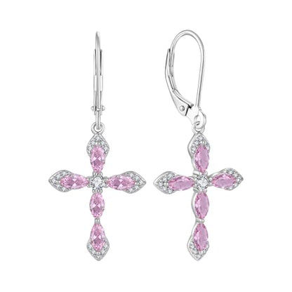 Birthstone Cross Earrings for Women 925 Sterling Silver - color: 10 October - Pink Tourmaline