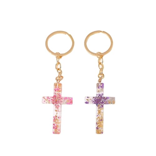 2PCS Cross Flower Keychain,Christian Cross Keychain for Women