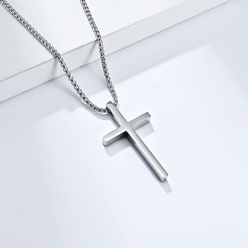 Cross Necklace for Men,Stainless Steel Christian Pendant Jewelry - color: B-silver-60cm chain