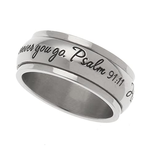 Beads & Pearls Jewelry 8mm Stainless Steel Women's Men's He Will Order His Angels To Protect You Wherever You Go Christian Religious Inspirational Spinner Ring, Sizes 6 to 9