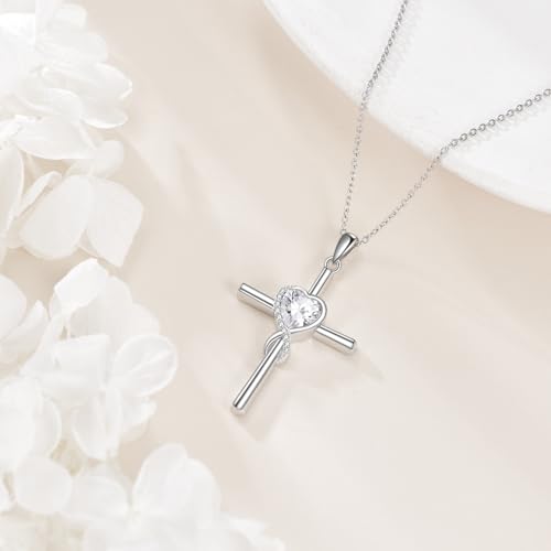 S925 Sterling Silver Cross Necklace for Women Birthstone Necklace Heart Infinity Cross Pendant Necklace Christmas Valentines Day Gifts Birthday Holiday Gifts for Her, 18"+2" Inches - color: 04-Apr Birthstone - 5ACubic Zirconia