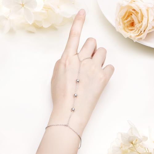 S925 Sterling Silver Finger Ring Bracelet Hand Adjustable Chain for Women - style: Beads Chain