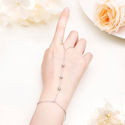 S925 Sterling Silver Finger Ring Bracelet Hand Adjustable Chain for Women - style: Beads Chain
