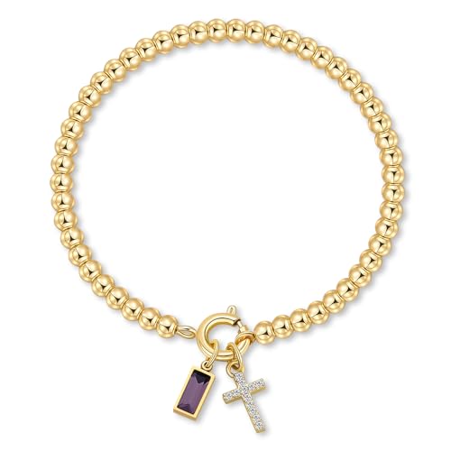 Korotho Cross Birthstone Bracelet for Women - Dainty Elastic 14K Gold Plated Bead Bracelets Trendy Waterproof Non Tarnish Birthday Jewelry Gifts Birthday Christmas Stocking Stuffer for Mom Friends - color: 06-June(Alexandrite)