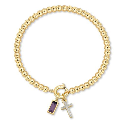 Korotho Cross Birthstone Bracelet for Women - Dainty Elastic 14K Gold Plated Bead Bracelets Trendy Waterproof Non Tarnish Birthday Jewelry Gifts Birthday Christmas Stocking Stuffer for Mom Friends - color: 06-June(Alexandrite)