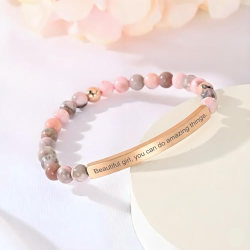 Inspirational Bracelets for Women,18K Gold Plated Christian Bible Verse Faith Jewelry, Religious Jesus Prayer Gift for Mom, Sister, Friend - color: Beautiful g, you can do amazing things.-Pink Zebra Jasper-Rose Gold