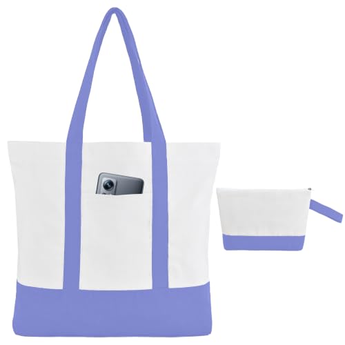 2-Pack Canvas Tote Bags and Makeup Bags, Cotton Zipper Bag, Purple - color: Purple/White