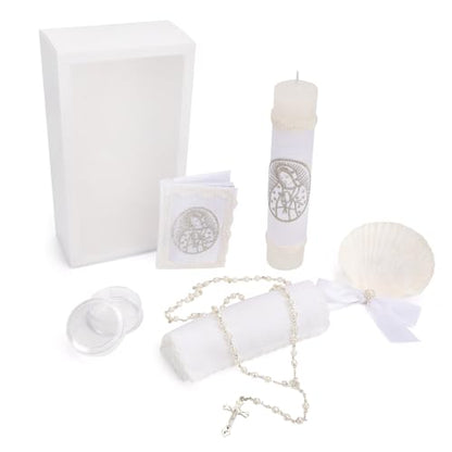5 PCS Baptism Candle Set for Boys and Girls,Baptism Kit Catholic Candle,Towel,Shell,Rosary andBible for Baptismal Christening First Communion Gift
