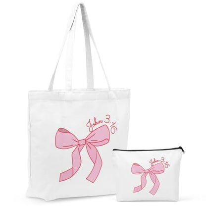 Christian Gifts for Women, Girls Preppy Bow Canvas Tote Bag Makeup Bag Set, Inspirational Bible Verse Religious Gifts Birthday Friendship Nurse Mothers Day Reusable Grocery Bags Travel Cosmetic Bag - color: Christianbow1