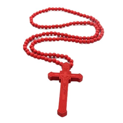 DATOA Religious Wooden Cross Large Big Jesus Crucifix Pendant Natural Wood Natural Rosary Colorful Beads Chain Necklace Christian Prayer Baptism Jewelry Easter Gift For Men Women - color: Red