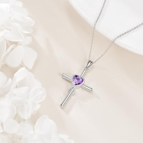 S925 Sterling Silver Cross Necklace for Women Birthstone Necklace Heart Infinity Cross Pendant Necklace Christmas Valentines Day Gifts Birthday Holiday Gifts for Her, 18"+2" Inches - color: 02-Feb Birthstone - Amethyst