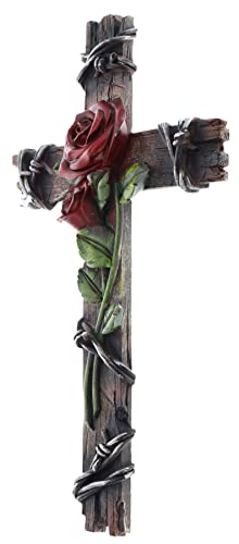 Top Brass Red Rose and Barbwire Wall Cross, Rustic Wood Look - Spiritual Jesus Art ecor