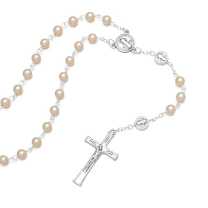 KOMI 6mm Glass Pearl Rosary Beads Catholic for Women with Metal Rosary Box Religious Gifts - style: St Benedict-pink