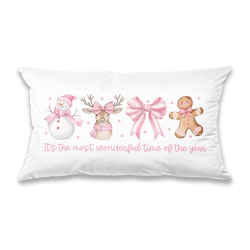 Coquette Pink Christmas Pillow Covers 12x20, Pink and White Christmas Decor, Preppy Xmas Snowman Reindeer Gingerbread Holiday Lumbar Pillow Covers for Girls Room Dorm Apartment - color: 26 Color