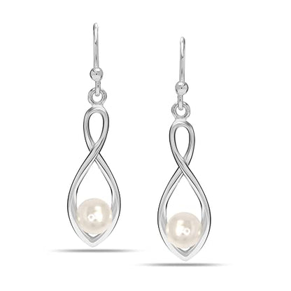 Charmsy 925 Sterling Silver Double Twisted Infinity Dangle Earrings for Women | Linear Marquise Large Loops Classic Infinity Drop Dangle Earrings - color: Infinity with Pearl