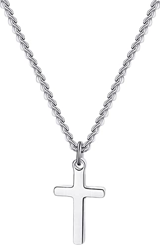 Cross Necklace for Women Stainless Steel Small Cross Pendant with Cuban Chain Simple Faith Jewelry for Men Women 14-22 Inches - color: Silver, style: 16inch