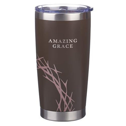 Christian Art Gifts Large Insulated Stainless Steel Travel Mug: Amazing Grace Crown of Thorns Design, Leak-Proof Retractable Lid, All Day Hot/Cold, Brown, 18 oz. - color: Brown Crown of Thorns/Amazing Grace
