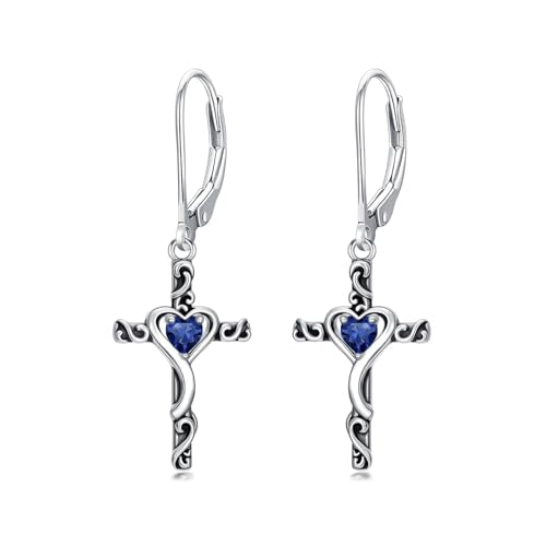 TOUPOP Cross Birthstone Earrings 925 Sterling Silver Heart Cross Dangle Earrings Fine Jewelry Christmas Birthday Gifts for Women Wife Mom Her - color: White Gold-09-September-Sapphire