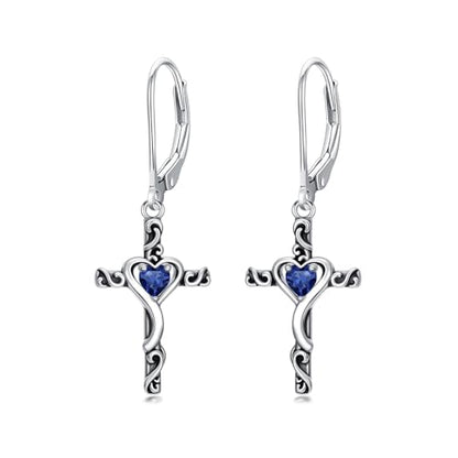 TOUPOP Cross Birthstone Earrings 925 Sterling Silver Heart Cross Dangle Earrings Fine Jewelry Christmas Birthday Gifts for Women Wife Mom Her - color: White Gold-09-September-Sapphire