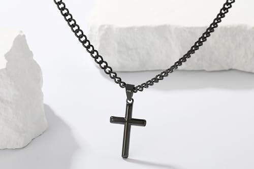 Avotto 316L Stainless Steel Cross Necklace Jewelry Gifts for Men Boys, Silver Gold Black Necklaces 5mm Non-Fading Sturdy Cuban Chain with Cross Pendant 14/16/18/20/22/24Inch - color: Black, size: 22 inch(55cm)-Long Fit