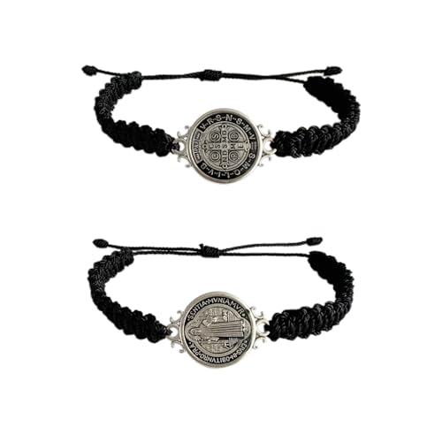 2 Pcs Red ST Benedict Bracelets Catholic Rosary Gifts Black Saint Benedict Bracelet Adjustable Blue String Medalla De San Benito Religious Gifts For Men Women - color: Black