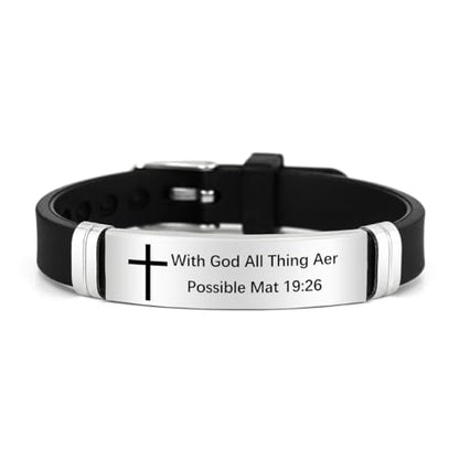 2Pcs Cross Bracelet with Bible Verse,Inspirational Quote Wristband Adjust Silicone Band Scripture Bracelets Faith Inspirational Baptism Gift Daily Reminder Jewelry for Men Women Couples - style: Mat 19 26