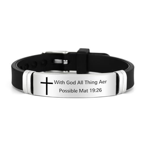 2Pcs Cross Bracelet with Bible Verse,Inspirational Quote Wristband Adjust Silicone Band Scripture Bracelets Faith Inspirational Baptism Gift Daily Reminder Jewelry for Men Women Couples - style: Mat 19 26