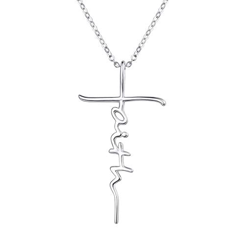 PRAYMOS Faith Cross Necklace for Women 925 Sterling Silver Pendant Necklace With Birthstone Initial Christian Religious Confirmation Baptism Mothers Day Gifts - color: Bestseller-Silver