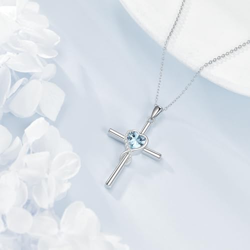 S925 Sterling Silver Cross Necklace for Women Birthstone Necklace Heart Infinity Cross Pendant Necklace Christmas Valentines Day Gifts Birthday Holiday Gifts for Her, 18"+2" Inches - color: 03-Mar Birthstone - Aquamarine