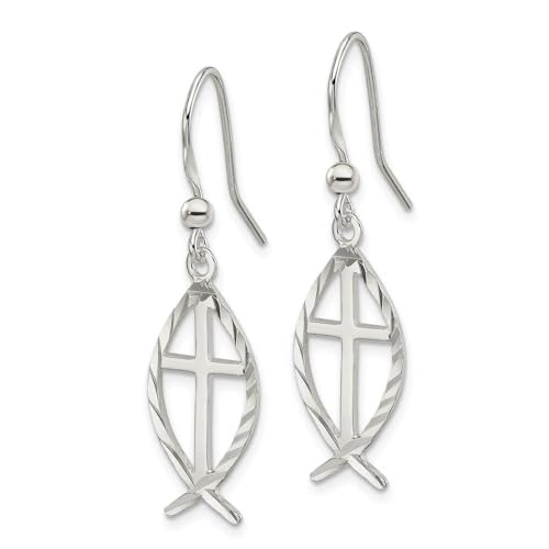 The Black Bow Diamond Cut Ichthus Cross Dangle Earrings in Sterling Silver