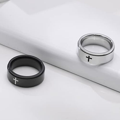 6mm/8mm Titanium Steel Black/Silver/Gold Fidget Ring Engraved Small Cross Stainless Steel Spinner Rings Stress Relieving Anxiety Ring Engagement Wedding Promise Band for Women Men Size 5-15 - color: 8mm Black