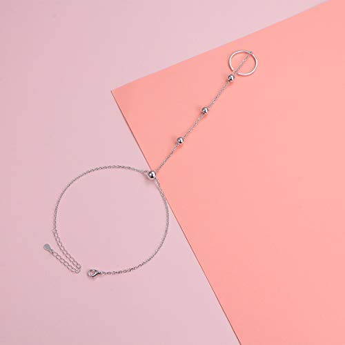 S925 Sterling Silver Finger Ring Bracelet Hand Adjustable Chain for Women - style: Beads