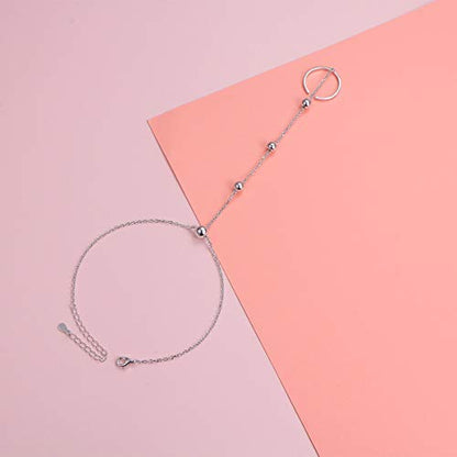 S925 Sterling Silver Finger Ring Bracelet Hand Adjustable Chain for Women - style: Beads