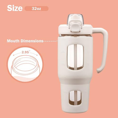 32oz Glass Tumbler with Straw Handle, Reusable Iced Coffee Cup, White - color: White