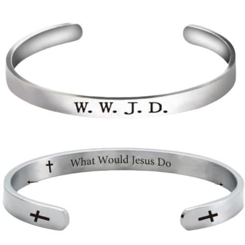 Pingyongchang 1Pcs WWJD Stainless Steel Prayer Bangle Cuff Open Bracelets What Would Jesus Do Engraved Cross Bible Verse Bracelet Women Men Inspirational Religious Christian Jewelry - color: Silver