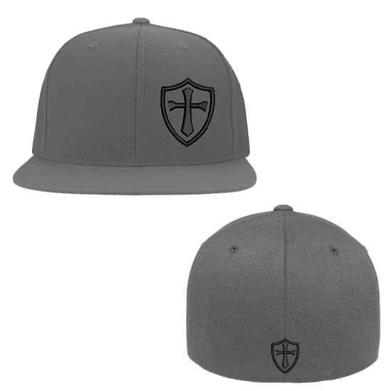 Crusader Cross Military Logo Front and Back Embroidered Fitted Hat Black Grey Navy Red Olive Royal Blue Curved or Flat Brim - color: Black Curved, size: Small-Medium