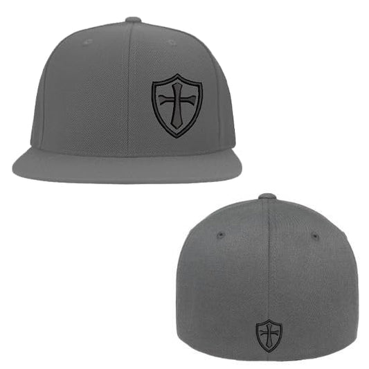 Crusader Cross Military Logo Front and Back Embroidered Fitted Hat Black Grey Navy Red Olive Royal Blue Curved or Flat Brim - color: Grey Flat, size: Small-Medium