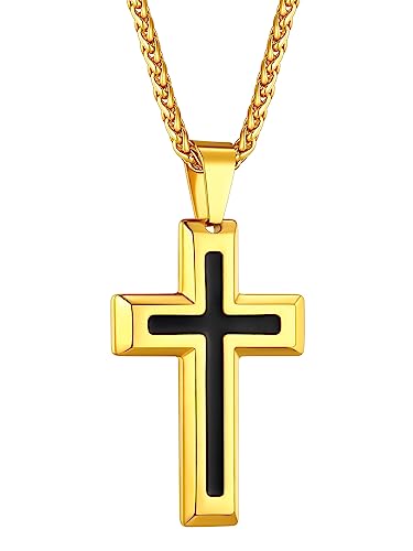 ChainsHouse Cross Necklace for Men, Black/18K Gold Plated/Stainless Steel Christian Jewelry Cross Pendant Necklace for Men, with Gift Box - color: b: Dripping Oil Cross-Gold