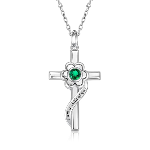 I am a Child of God Necklace - 925 Sterling Silver Birthstone Flower Cross Pendant Religious Jewelry Baptism First Communion Confirmation Gifts for Girls - style: May