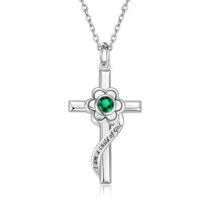 I am a Child of God Necklace - 925 Sterling Silver Birthstone Flower Cross Pendant Religious Jewelry Baptism First Communion Confirmation Gifts for Girls - style: May