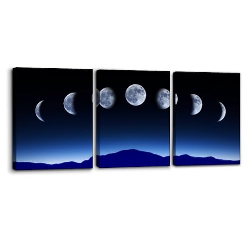 Pacimo 3 Pieces Canvas Wall Art for Living Room Abstract Wall Decor for Bedroom Full Growth Cycle of the Moon Paintings Modern Artwook Canvas Art Prints Moon Landscape Pictures Home Decor - 12"x16"x3 - color: Wallart-06, size: 12"x16"x3 Panels