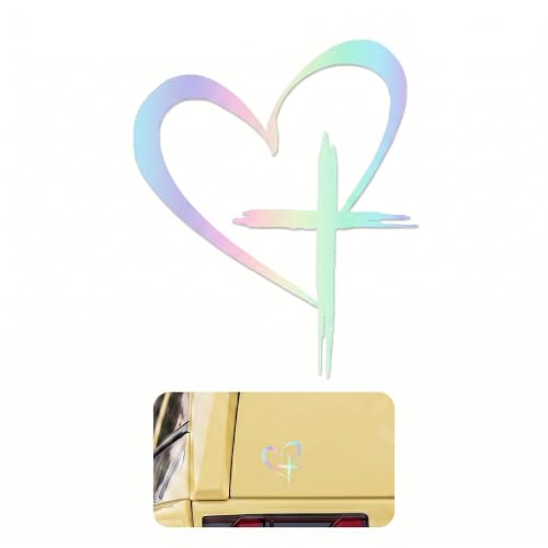 Love Cross Car Sticker Decal, Waterproof Auto Vinyl Heart Cross Stickers, 8.7" x 6" Christian Religious Car Heart Decals, Universal Auto Decoration for Cars Trucks Window Laptops (Holographic) - color: Sliver
