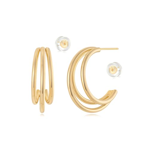 MYEARS Women Hoop Earrings Gold 14K Gold Filled Small Simple Handmade Hypoallergenic Everyday Illusion Jewelry - style: Triple Spliit Ridge