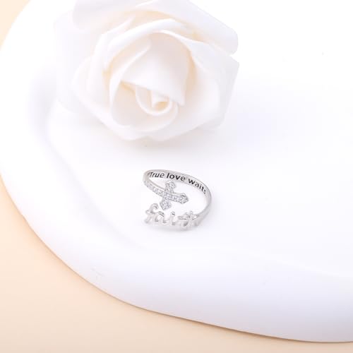 Helonley Cross Faith Ring for Women - 925 Sterling Silver Inspiration Rings - style: True Love Waits