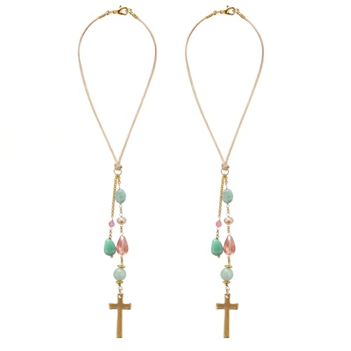 2 Pack Cross Rearview Mirror Hanging Charms, Pink Beads, Boho Car Decor