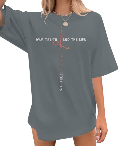 Christian Shirts for Women Oversized Bible Verse T-Shirt Jesus Religious Faithful Shirt Christ Crewneck Tee Top - color: Grey, size: Medium