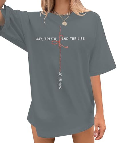 Christian Shirts for Women Oversized Bible Verse T-Shirt Jesus Religious Faithful Shirt Christ Crewneck Tee Top - color: Grey, size: Medium